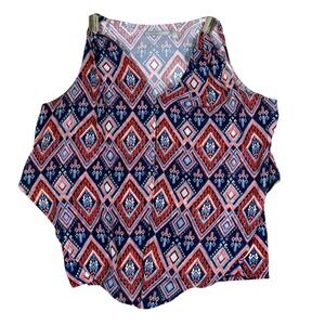 Valerie Stevens Womens XL Geometric Diamond Print V-Neck Tank Top Red Blue White